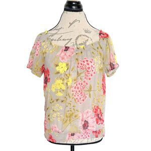 Joe Fresh WomensBlouse Size small  Sheer Floral Top  Crinkle Ruffle Botanical